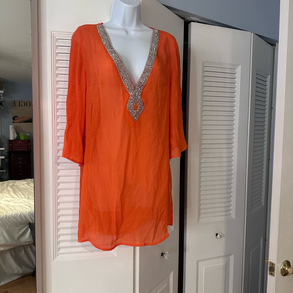 Orange Silver Embellished 3/4 Sleeve Swim Coverup